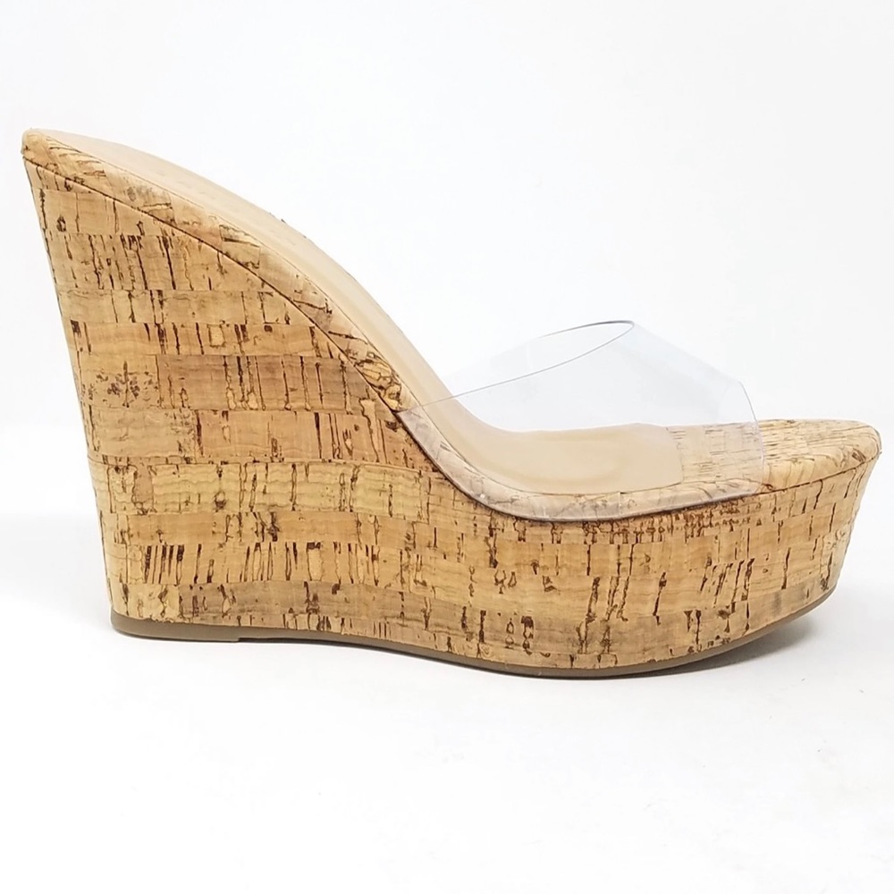 NWT Womens Sassy Beige Slip On Wedges Sandals Clear Workwear Vacay Office Chic